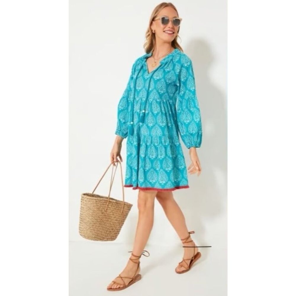 Tuckernuck Block Print Tie Neck Caftan Dress Womens Size M Boho Vacation Resort